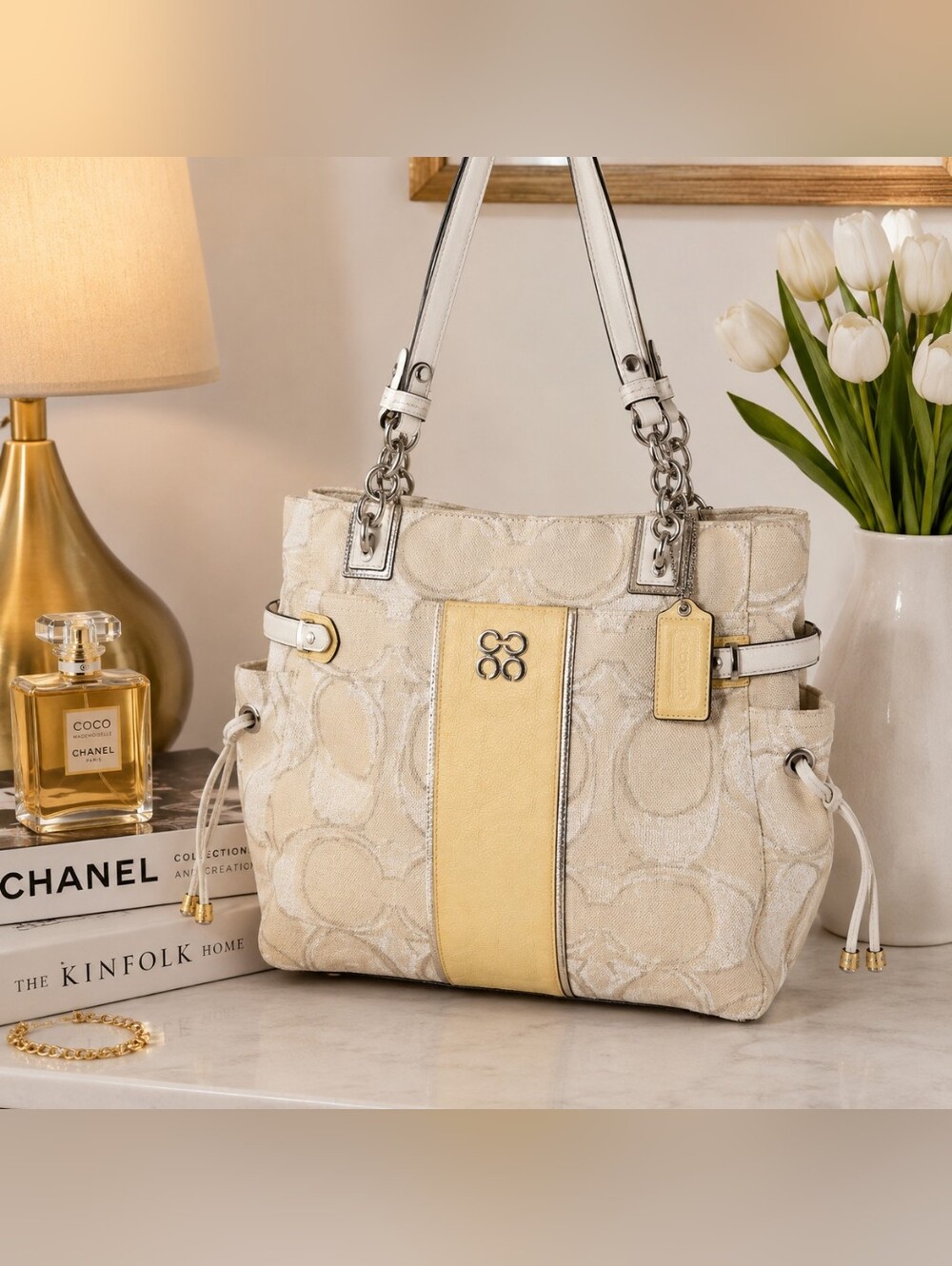 Coach Cream and Yellow Signature Tote with Leather Trim